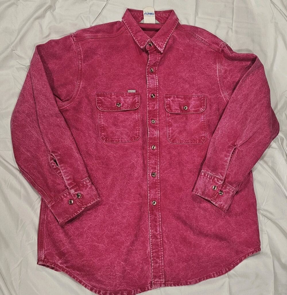 Vintage 80s Carhartt Rugged Wear Button-Up Long Sleeve Shirt PiNK Retro 2XL XXL